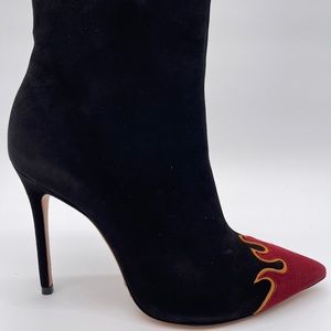 Schutz Boot 8.5B Woman’s Black Red Fire Zip Heel Stiletto Suede Leather NIB
